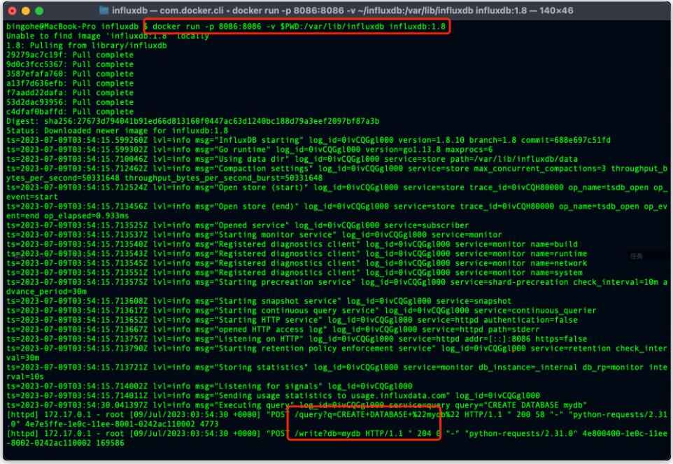 在這個(gè)示例中，我們首先連接到InfluxDB（類似于連接到MySQL數(shù)據(jù)庫），然后創(chuàng)建一個(gè)名為mydb的數(shù)據(jù)庫（類似于在MySQL中創(chuàng)建一個(gè)新的數(shù)據(jù)庫），并切換到創(chuàng)建的數(shù)據(jù)庫（類似于在MySQL中選擇一個(gè)數(shù)據(jù)庫）。接著，我們準(zhǔn)備了一條名為cpu_load的數(shù)據(jù)（在InfluxDB中，measurement相當(dāng)于MySQL中的表名），并為數(shù)據(jù)添加了host和region標(biāo)簽（類似于MySQL中的索引列）。最后，我們將數(shù)據(jù)寫入到InfluxDB中（類似于在MySQL中執(zhí)行INSERT語句）。  執(zhí)行上面的代碼后我們可以看到我們的操作成功了： 圖3